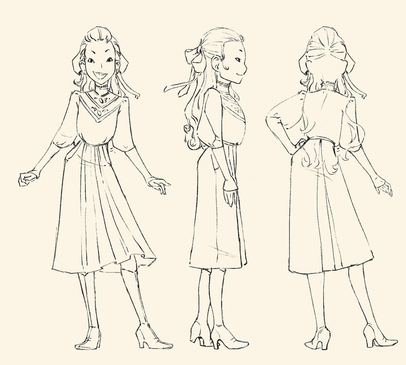 A three point turn around of a female character wearing a mix of European and Japanese clothing